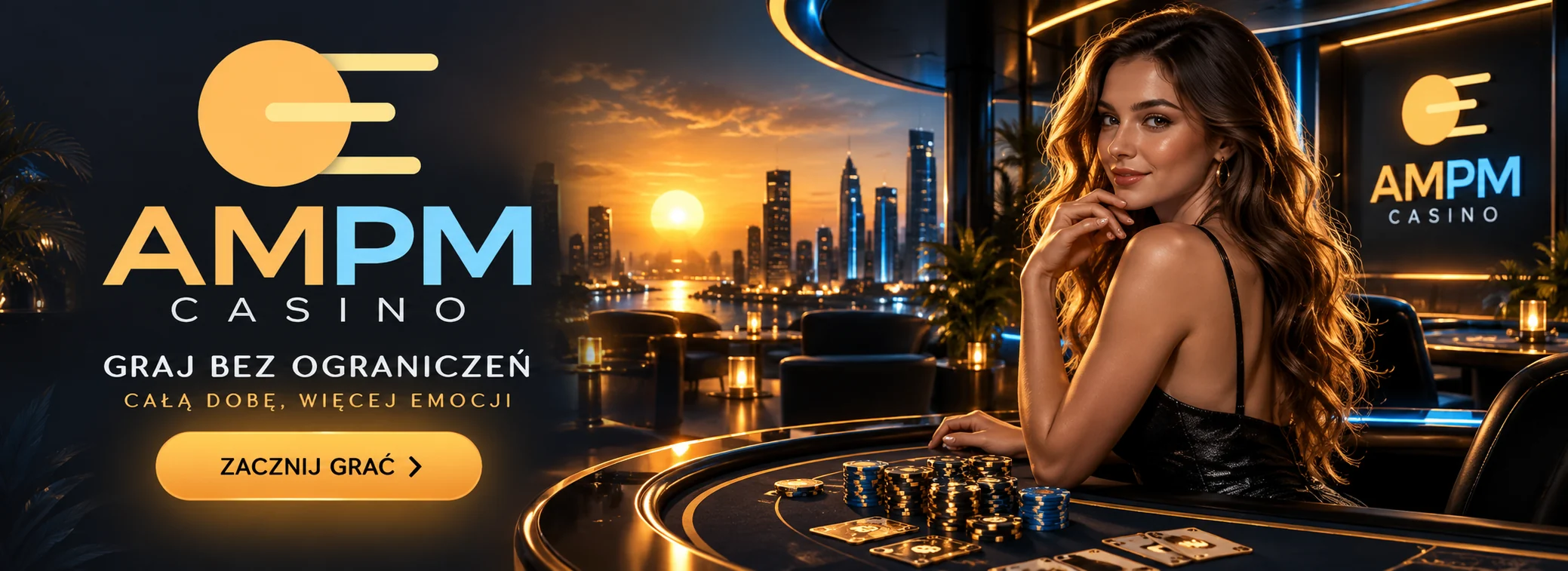 Baner AMPM Casino ze złotym słońcem i bonusem powitalnym 5 200 zł